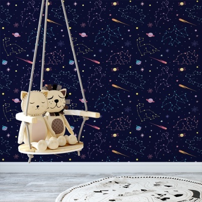 Baloiço infantil com almofadas de gato e cão, papel de parede com constelações