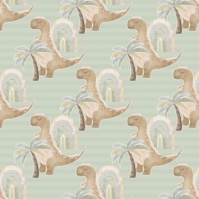 Papel de parede com padrão de dinossauros, palmeiras e arco-íris em tons pastel