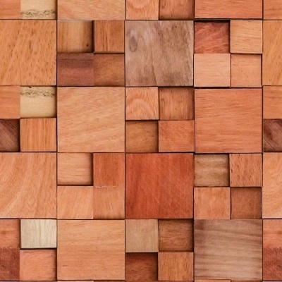 Painel decorativo de blocos de madeira em vários tons castanhos