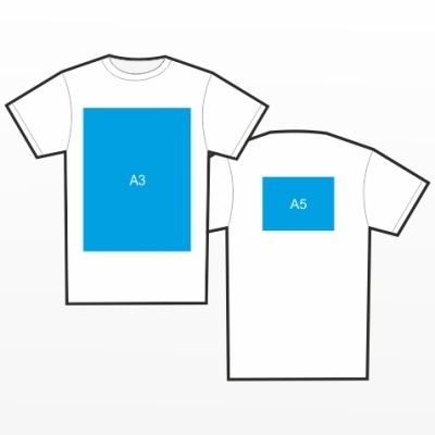 Ilustração de duas t-shirts brancas, uma frontal com retângulo azul 'A3' e outra traseira com retângulo azul 'A5'.