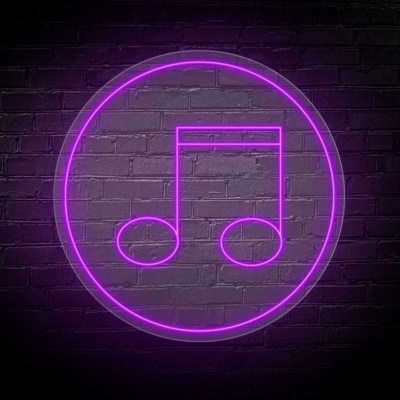 Sinal luminoso de néon roxo em forma de nota musical num círculo