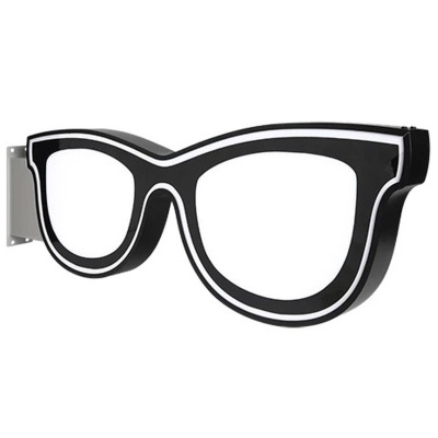 Letreiro em forma de óculos preto e branco com fixação lateral