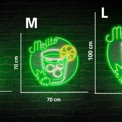 Três sinais de néon coloridos de mojito em tamanhos diferentes em parede escura de tijolos