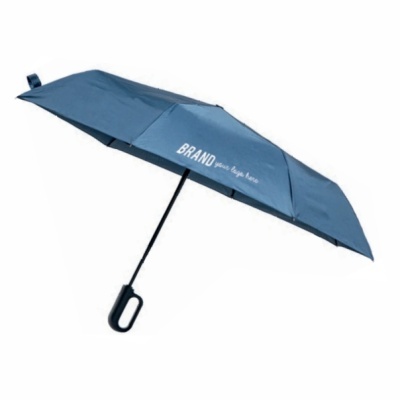 Guarda-chuva compacto azul com cabo preto e texto branco na aba