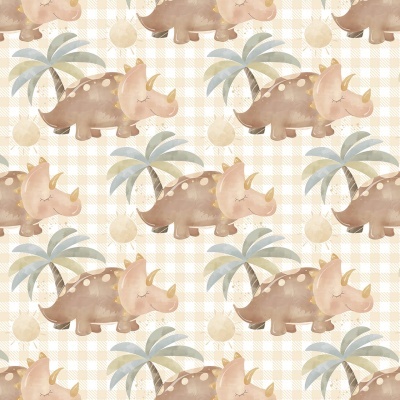 Padrão de dinossauros tricerátopos com palmeiras em fundo xadrez bege