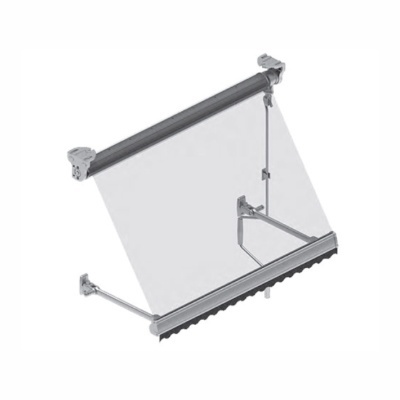 Toldo retrátil cinza metálico com tecido transparente e estrutura metálica