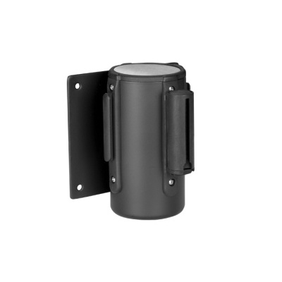 Suporte de parede metálico preto cilíndrico com duas alças e chapa para fixação