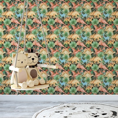 Papel de parede infantil com padrão de dinossauros e baloiço de madeira com brinquedos