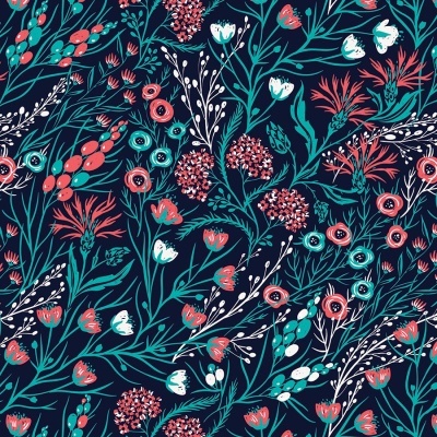 Tecido azul escuro com padrão floral colorido