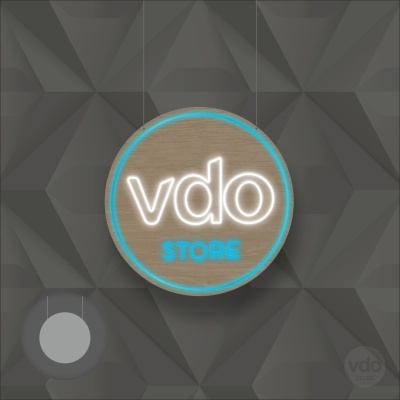 Sinal redondo iluminado em madeira com texto vdo STORE