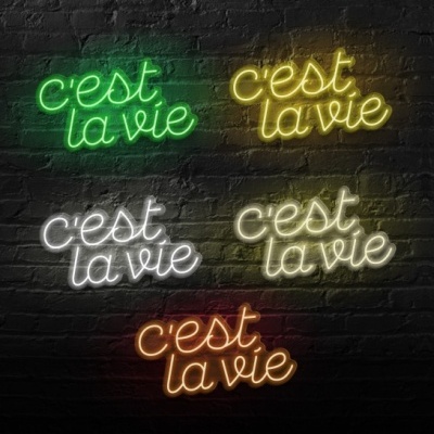 Cinco letreiros de neon coloridos com a frase 'c'est la vie' numa parede de tijolos escura