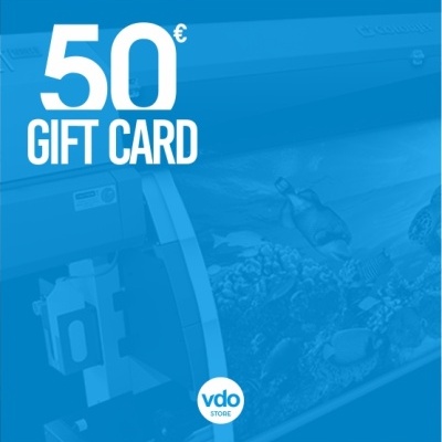 Cartão presente de 50€ com design em azul e branco e logótipo vdo STORE