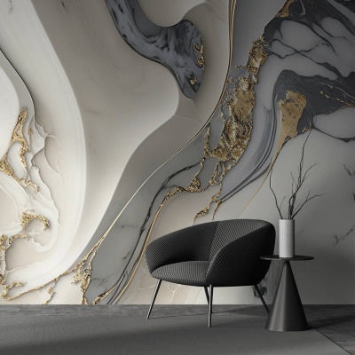 Cadeira preta moderna com mesa lateral preta e vaso com ramos secos em piso cinza e parede marmoreada branca, cinza e dourada