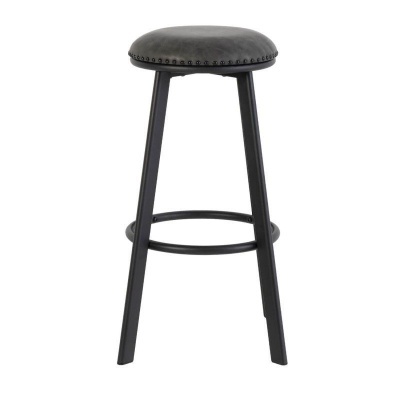 Banco alto de bar preto com assento redondo estofado e tachas