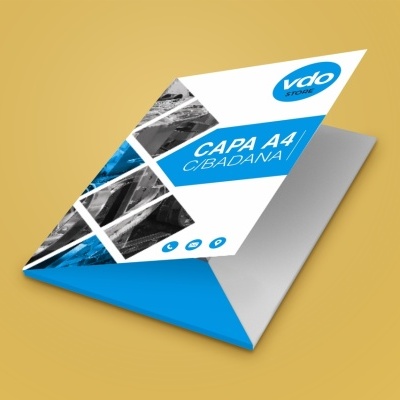 Pasta A4 azul e branca com texto e imagens em fundo amarelo