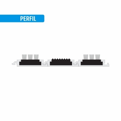 Perfil em corte transversal com secções de escovas brancas e superfície preta ondulada numa base cinzenta clara