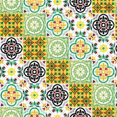 Azulejos decorativos coloridos com padrões geométricos e florais