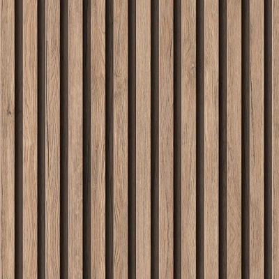 Painel de madeira com lâminas verticais em tons naturais castanho claro