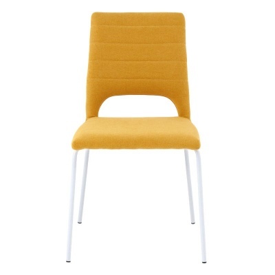 Cadeira estofada amarelo mostarda com pernas metálicas brancas