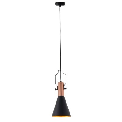 Candeeiro suspenso cone preto com interior dourado e corpo em cobre