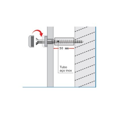 Esquema técnico de peça metálica com parafuso e tubo de aço inox