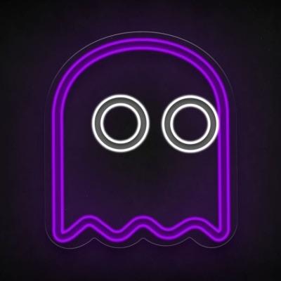 Neon art de personagem de videojogo com contorno roxo e olhos brancos
