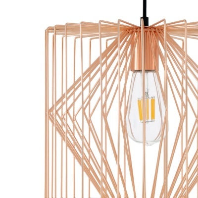 Candeeiro de teto com estrutura metálica de arame cor cobre e lâmpada LED