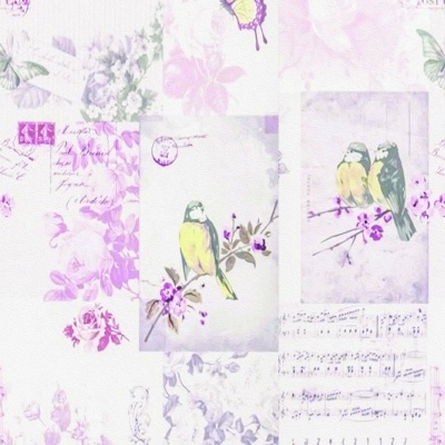 Papel decorativo com pássaros, flores e notas musicais em tons rosa e lilás