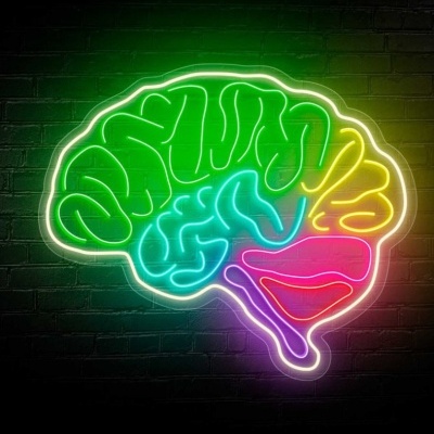 Letreiro em néon colorido representando um cérebro humano na parede