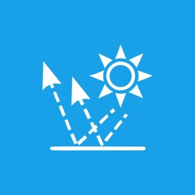 Ícone branco de sol e setas em fundo azul, indicando reflexão solar