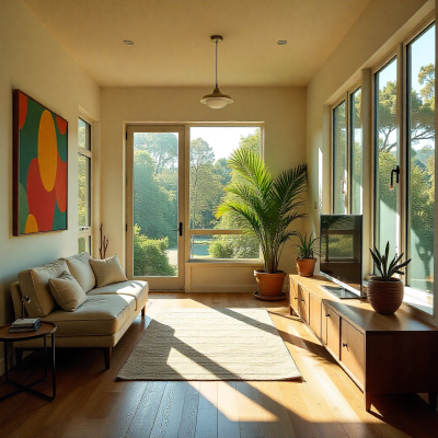 Sala com sofá bege, móveis de madeira, plantas em vasos e pintura abstrata