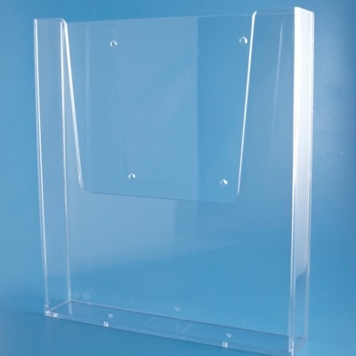 Expositor acrílico transparente com bolso para folhetos e fundo azul