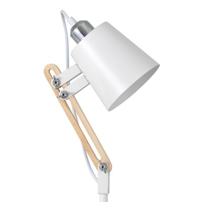 Candeeiro de secretária branco com braço de madeira clara e cúpula metálica branca