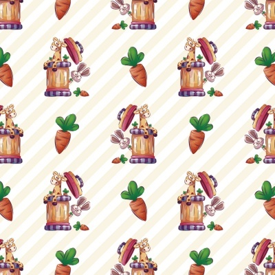 Padrão repetitivo de potes de bolachas com coelho e girafa e cenouras em fundo riscado