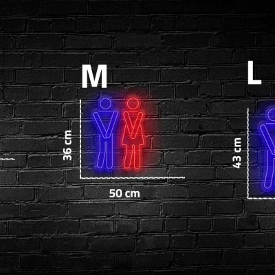 Três placas de neon azul e vermelho em três tamanhos com figuras humanas