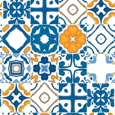 Azulejos decorativos com padrões geométricos e florais em azul, branco, amarelo e castanho