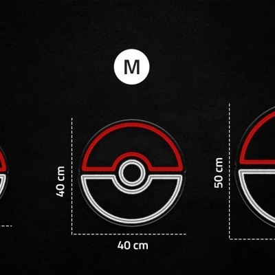 Três alfinetes em forma de Poké Bola com tamanhos pequenos, médios e grandes e medidas em centímetros.