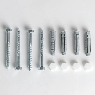 Conjunto de parafusos, buchas e tampas brancas organizados em linha