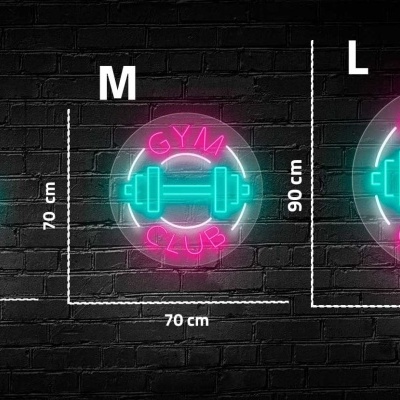 Sinais de néon redondos com halteres e texto GYM CLUB em diferentes tamanhos