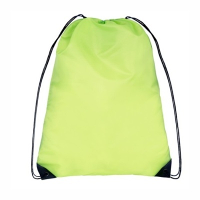 Mochila saco verde limão com cordões pretos e reforços pretos nos cantos