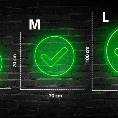 Três círculos verdes com símbolos de verificação e medidas em centímetros