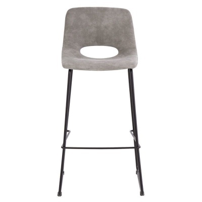 Banco de bar cinza com estrutura preta e recorte circular no encosto