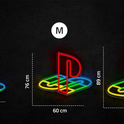 Três logos PlayStation em néon colorido com tamanhos e medidas.