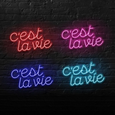 Sinais de néon coloridos com a frase 'c'est la vie' numa parede de tijolos pretos