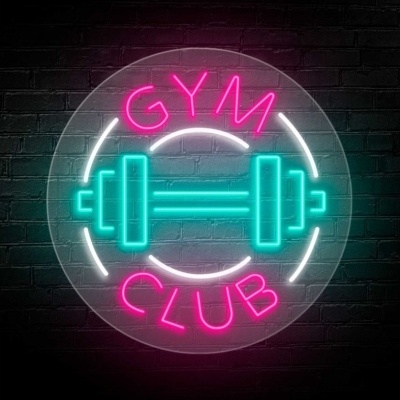 Sinal de néon com haltere e texto GYM CLUB