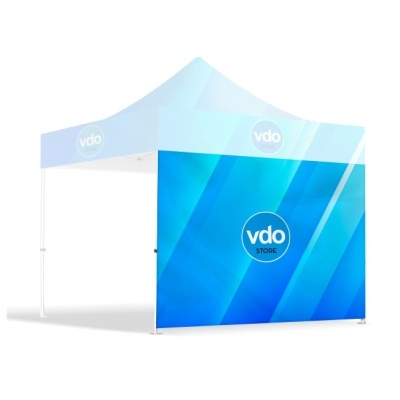 Tenda promocional azul com logótipo 'vdo STORE'