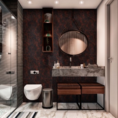 Casa de banho moderna com parede texturada escura, sanita branca suspensa, lavatório em mármore, móvel de madeira escura, espelho redondo e cesto de lixo metálico.