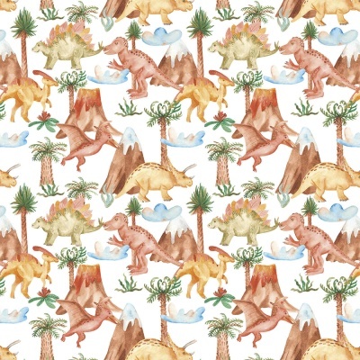 Padrão de dinossauros coloridos com árvores, nuvens e vulcões em fundo branco