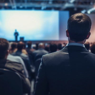 Pessoas sentadas a assistir a uma palestra num auditório