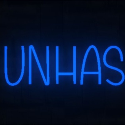 Neon azul com a palavra UNHAS num fundo escuro